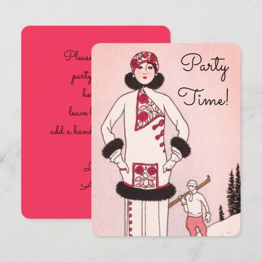 Roze vintage sneeuwsfeer ski-feest uitnodiging (Voorkant / Achterkant)