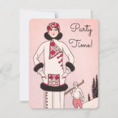 Roze vintage sneeuwsfeer ski-feest uitnodiging (Voorkant)