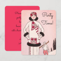 Roze vintage sneeuwsfeer ski-feest uitnodiging