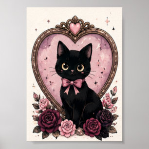 Roze Vintage Spiegel Zwarte Kat Halloween Poster