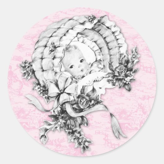 Roze Vintage Toile Baby Shower Stickers (Voorkant)