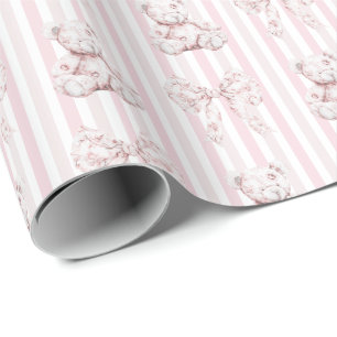 Roze vintage toile en strepen meisje babyfeestje cadeaupapier