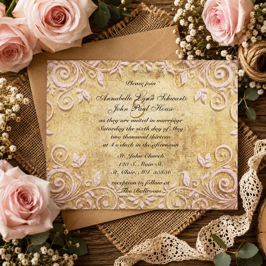 Roze Vintage Trouw Uitnodiging met Werveling