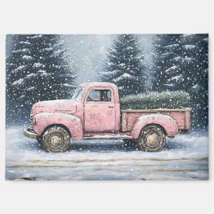 Roze Vintage Truck met Kerstboom Magneet