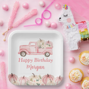 Roze Vintage Truck Pompoen Meisje Verjaardagsfeest Papieren Bordje