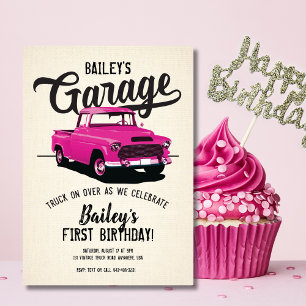 Roze Vintage Truck Verjaardagsuitnodiging Kaart