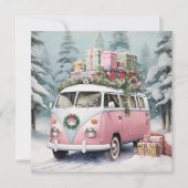 Roze Vintage Vanagon Beeldje Feestdagenkaart (Voorkant)