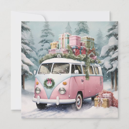Roze Vintage Vanagon Beeldje Feestdagenkaart (Voorkant)