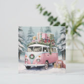 Roze Vintage Vanagon Behangertje Feestdagenkaart (Staand voorkant)
