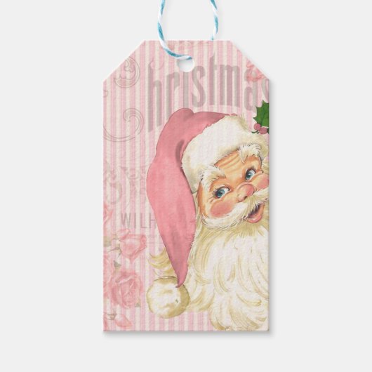 Roze Vintage Victoriaanse Kerstmanrozen Cadeaulabel (Voorkant)