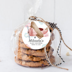 Roze Vintage Vliegtuig Baby Shower Dank Je Wel Ronde Sticker