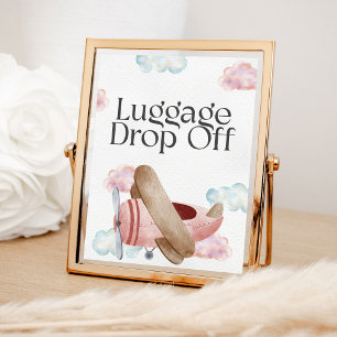 Roze vintage vliegtuig bagage afgifte feestbord poster