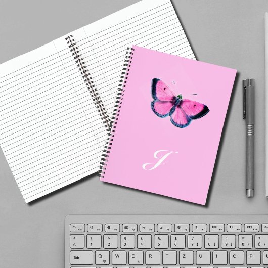 roze vintage vlinder - met monogram notitieboek