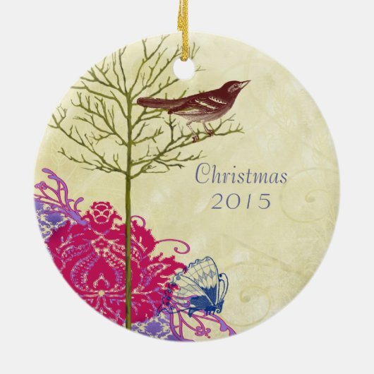 Roze Vintage Vogel Kerst Paar Foto Ornament (Achterkant)