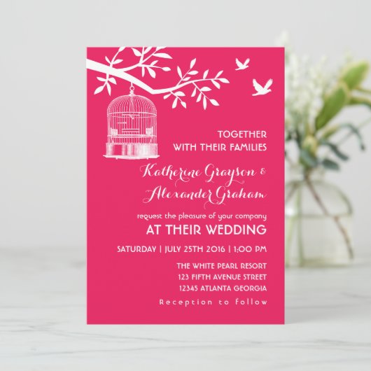 Roze vintage vogelkooi bruiloft uitnodiging (Staand voorkant)