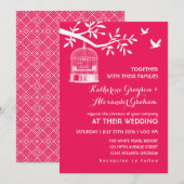 Roze vintage vogelkooi bruiloft uitnodiging (Voorkant / Achterkant)