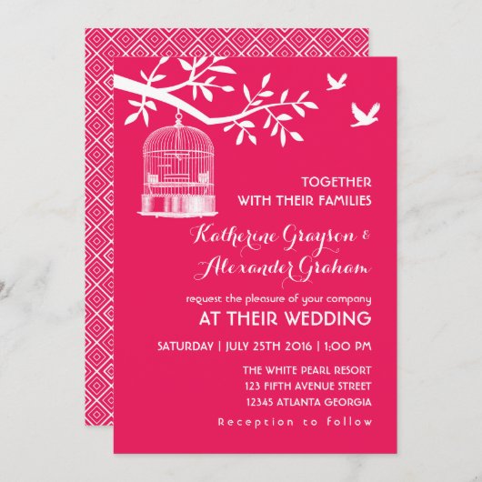 Roze vintage vogelkooi bruiloft uitnodiging (Voorkant / Achterkant)