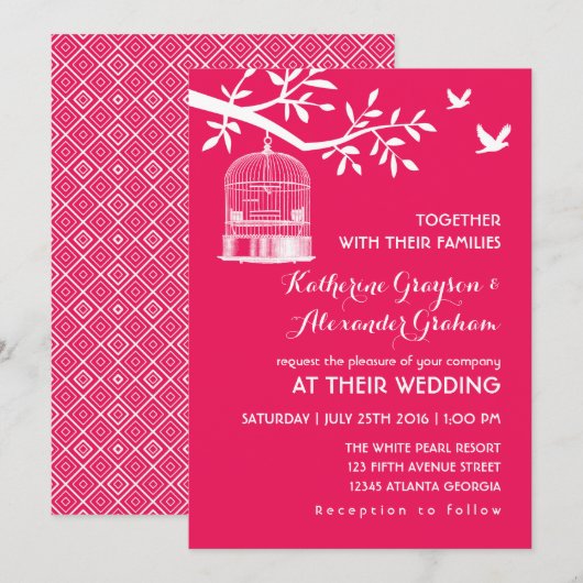 Roze vintage vogelkooi trouwuitnodiging kaart (Voorkant / Achterkant)