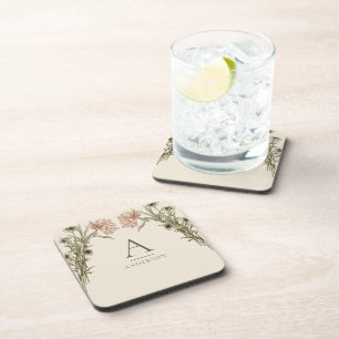 Roze vintage waterverf bloemige monogram bier onderzetter
