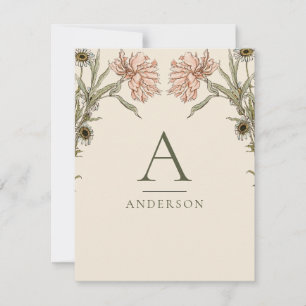 Roze Vintage Waterverf Bloemige Monogram Notitiekaartje