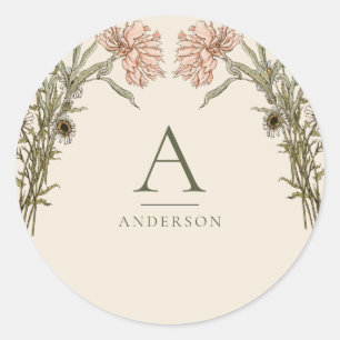 Roze Vintage Waterverf Bloemige Monogram Ronde Sticker