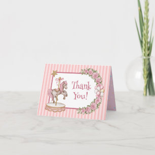 Roze Vintage Waterverf Paard Draaimolen Baby Showe Bedankkaart