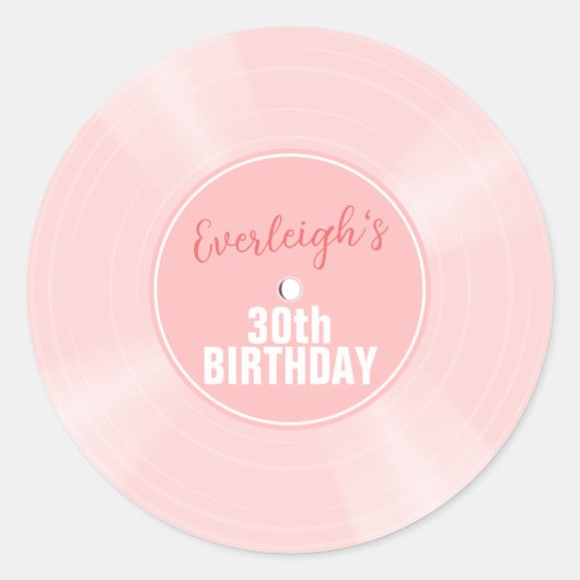 Roze Vinyl Record Muziek Gepersonaliseerde Verjaar Ronde Sticker (Voorkant)