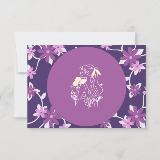 Roze Violet Geïllustreerd Bloemenmeisje Bruiloft K Kaart (Achterkant)