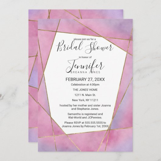 Roze Violet Goud Waterverf Geo Vrijgezellenfeest Kaart (Voorkant / Achterkant)