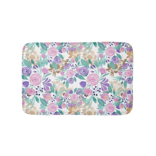 Roze Violet Paars Gold Waterverf bloemen bladeren Badmat (Voorkant)