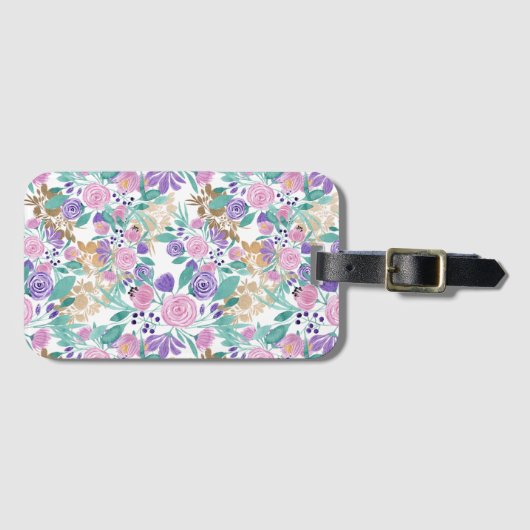 Roze Violet Paars Gold Waterverf bloemen bladeren Bagagelabel (Voorkant (horizontaal))