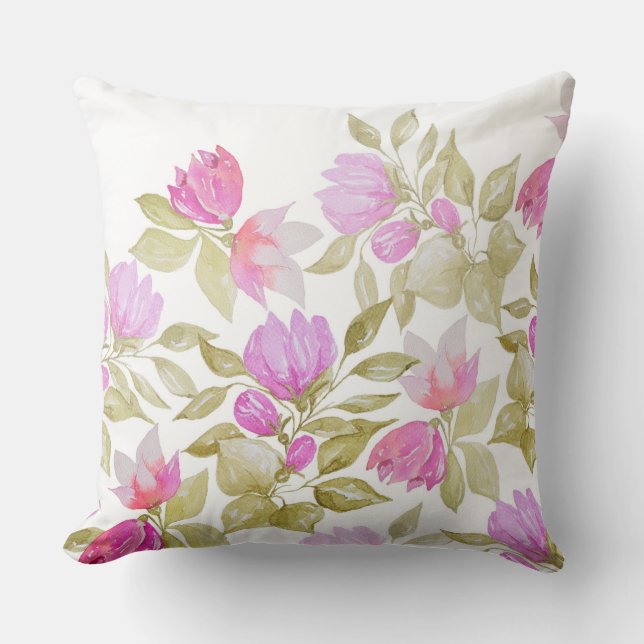 Roze Violet Waterverf Flowers handbeschilderd Kussen (Voorkant)