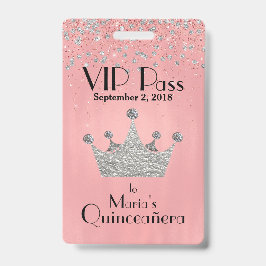 Roze VIP-badge met zilveren kroon voor Quinceañera Badge