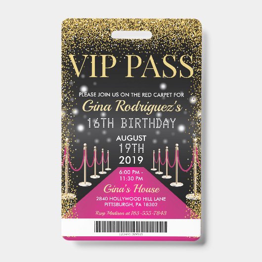 Roze VIP Pass Hollywood Red Carpet Birthday Badge (Voorkant)