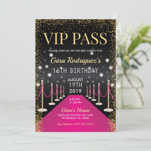 Roze VIP Pass Hollywood Red Carpet Birthday Kaart (Staand voorkant)