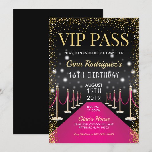 Roze VIP Pass Hollywood Red Carpet Birthday Kaart (Voorkant / Achterkant)