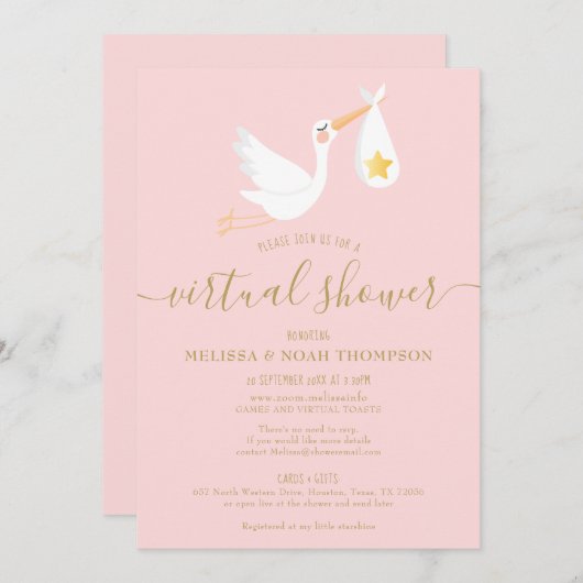 Roze Virtual Online lange afstand Baby shower Kaart (Voorkant / Achterkant)