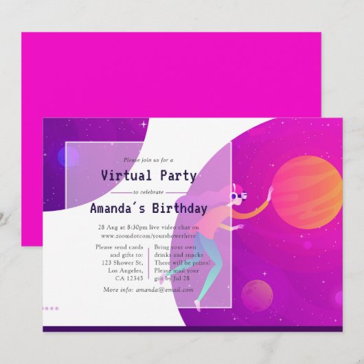 Roze virtuele verjaardagsuitnodiging kaart (Voorkant / Achterkant)