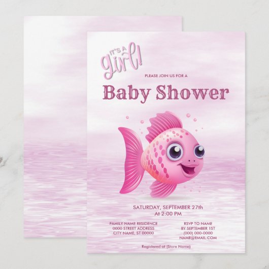 Roze Vis Baby shower Invitation Kaart (Voorkant / Achterkant)
