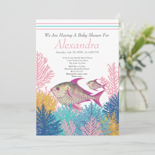 Roze vis, Blauwgroen uitnodiging voor het Baby sho (Staand voorkant)