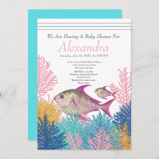 Roze vis, Blauwgroen uitnodiging voor het Baby sho (Voorkant / Achterkant)