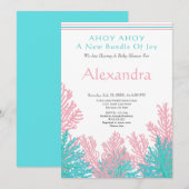 Roze vis, Blauwgroen uitnodiging voor het Baby sho (Voorkant / Achterkant)