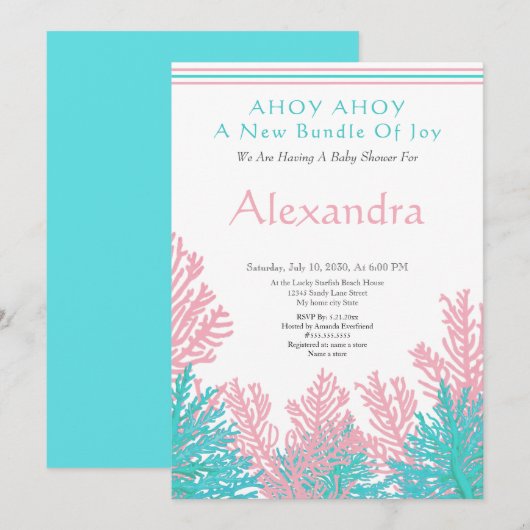 Roze vis, Blauwgroen uitnodiging voor het Baby sho (Voorkant / Achterkant)