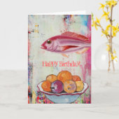 Roze vis en fruitschaal digitale collage, verjaard kaart (Gele Bloem)