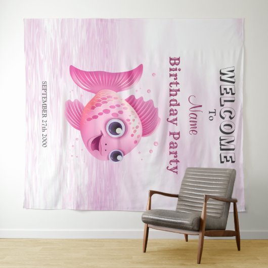 Roze Vis Verjaardagsfeestje Achtergrond Wandkleed (In Situ (horizontaal))