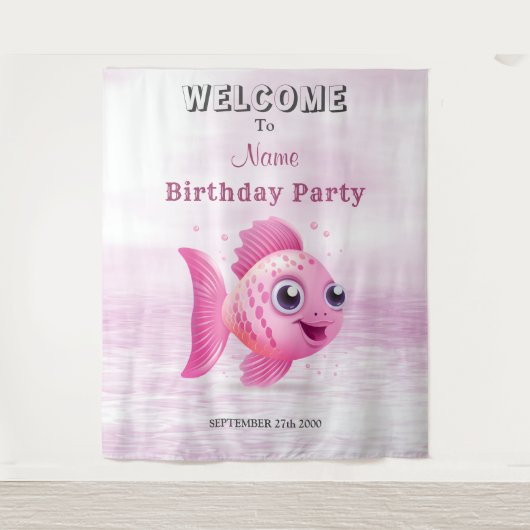 Roze Vis Verjaardagsfeestje Achtergrond Wandkleed (Voorkant)