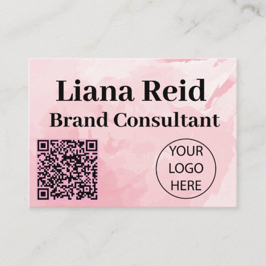 Roze visitekaartje met qr-code en logo (Voorkant)