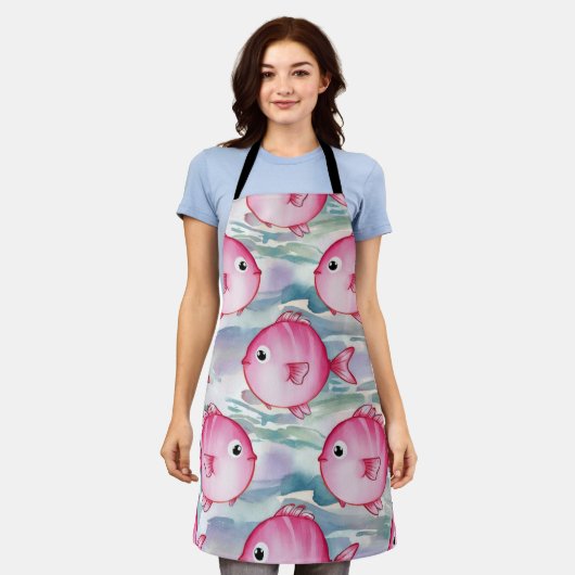 Roze vispatroon schort (Gedragen)