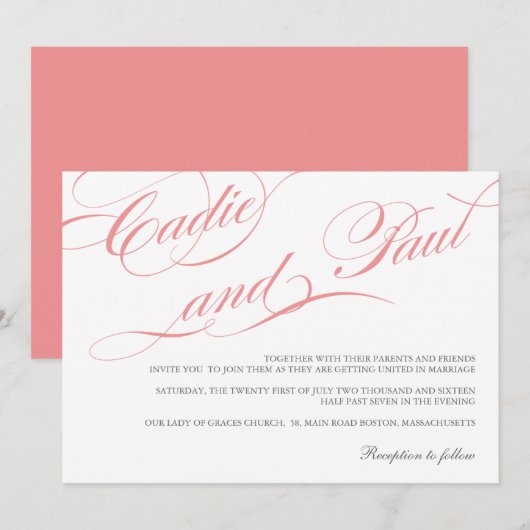 Roze Vlaams Manuscript Wedding Uitnodiging (Voorkant / Achterkant)