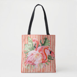 Roze vlamingen Tropische bladeren Koraalstrips Tote Bag